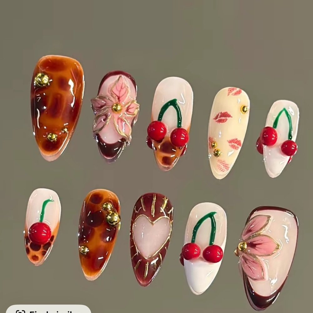 Leopard Cherry fall Almond Acrylic handmade press on nails size Large